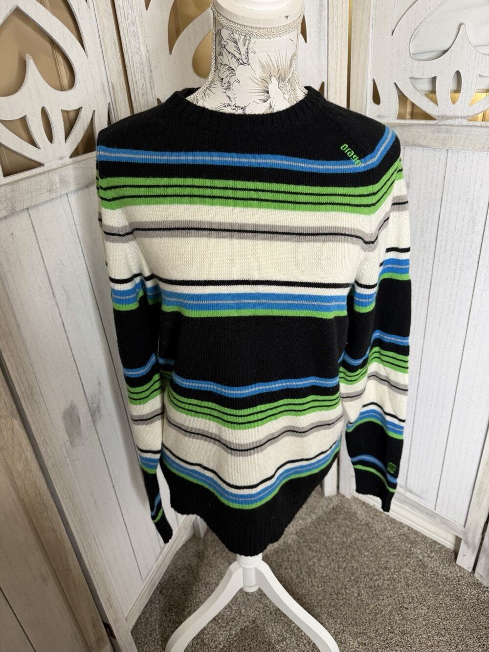 Orage Ski Sweater Men’s Medium V-Black Green Striped Long Sleeve Wool Blend